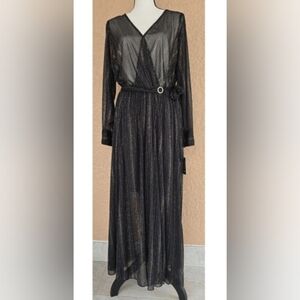 Alexa B Nited Beautiful Black Sheer Shimmery Long Sleeve Dress With Belt